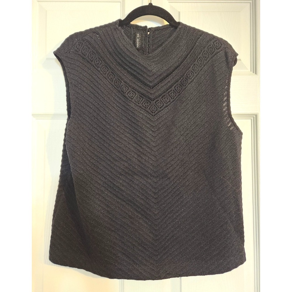 St.John Knit Women's Shell Top Sleeveless Black Silver Large Ribbed Chevron